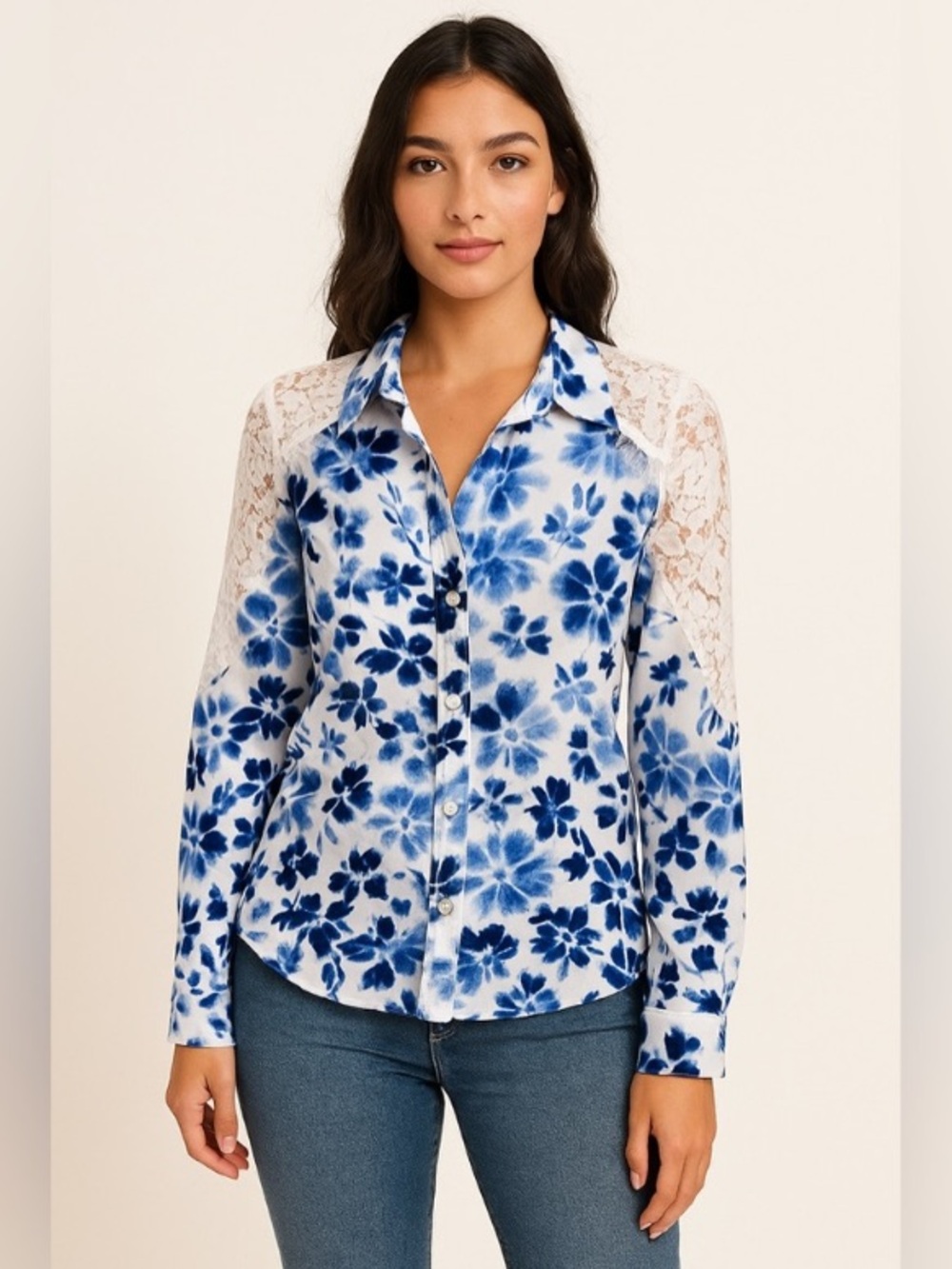 Nicole Miller Blue Floral Lace-Shoulder Button-Down Shirt